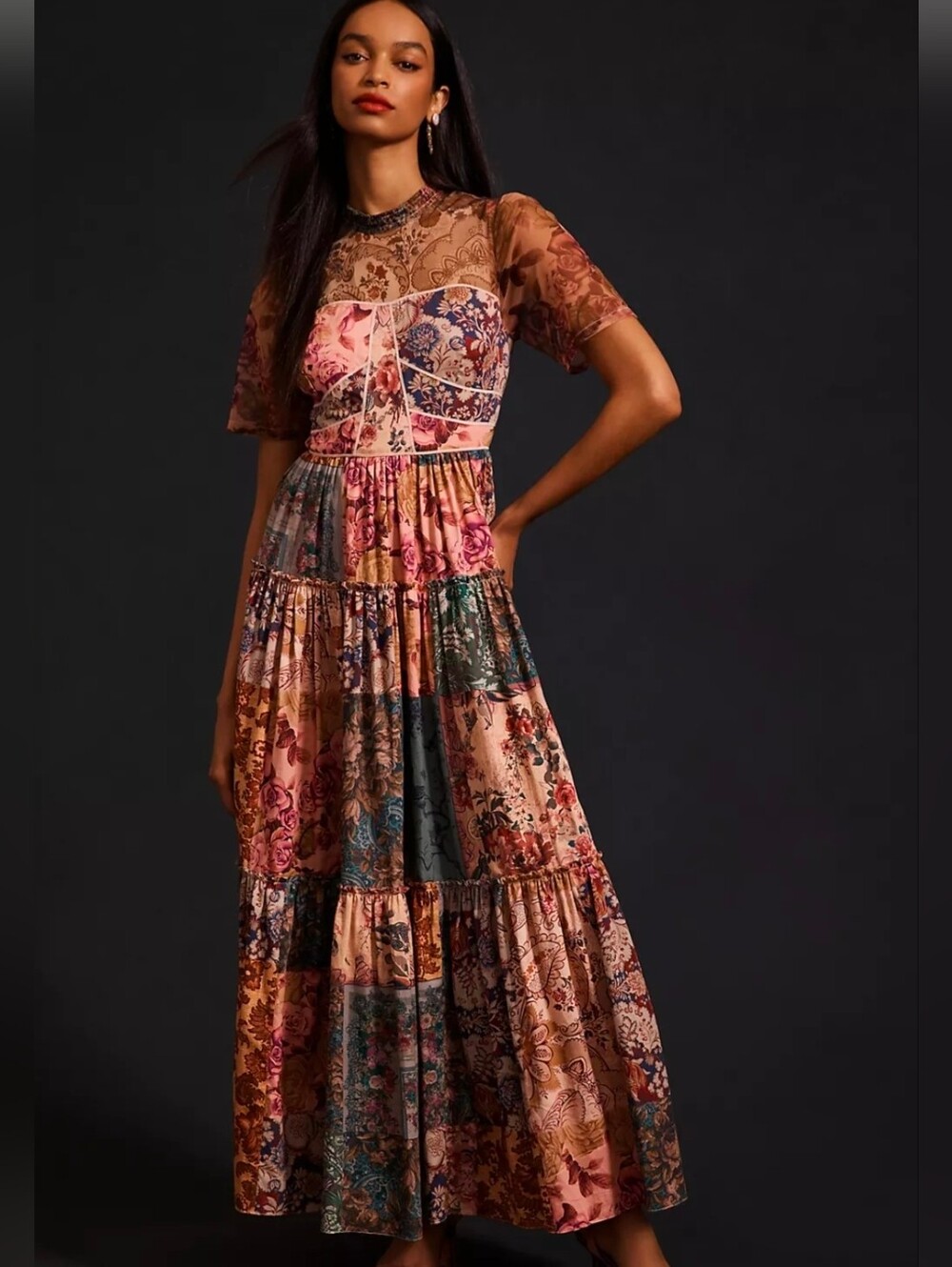 Geisha Designs Anthropologie Sheer Floral Printed Patchwork Maxi Dress Size 8
